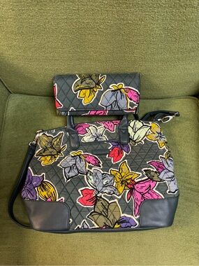 Vera Bradley Gray Quilted Satchel Falling Flowers  with matching RFID Wallet